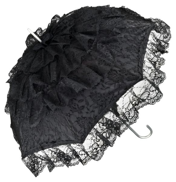 French Lace Sun Parasol - Black Lace - Aluminum Frame And Shaft - Semi Waterproof - Full Size 36"