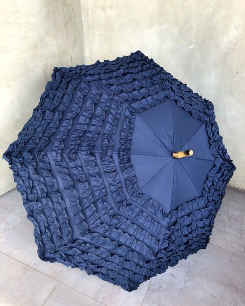 Full frill Navy Umbrella - Faux Bamboo handle - large canopy - All-weather