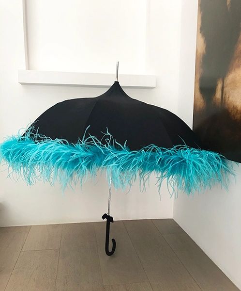 Out of stock - Sun Umbrella With Hand Sewn Shaggy Feather Trim - Black/Aqua/Turquoise - Full Size 36"