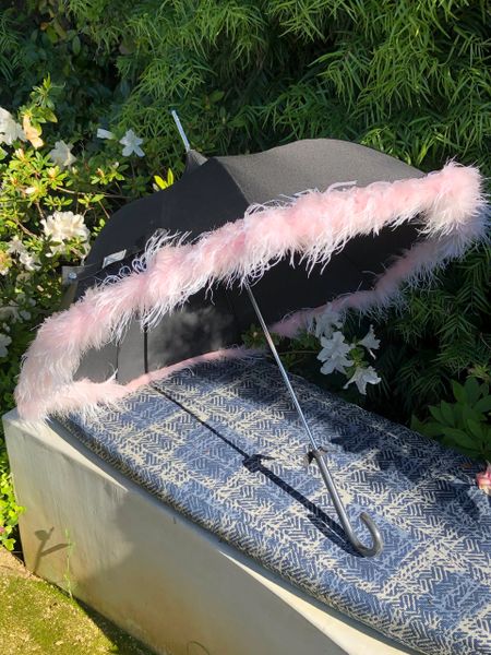 Out of stock - Shaggy Pink Sun Parasol - Down Feathers With Ostrich - Hand Sewn Trim - Unique Canopy Shape - Full Size 36"