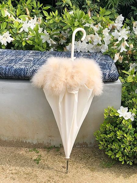 Sun Umbrella With Boa Trim - Cream Canopy - Honey Down Feathers - #1 Wedding Gift - Full Size