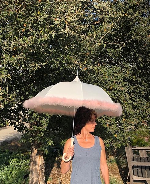 Pink Boa Sun Umbrella - Hand Sewn Feather Trim - Full Size 36" Canopy
