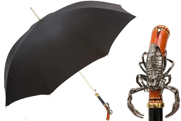 Luxury Italian Umbrella - Handmade In Italy - Black - Enameled Scorpion Handle With Swarovski Crystals