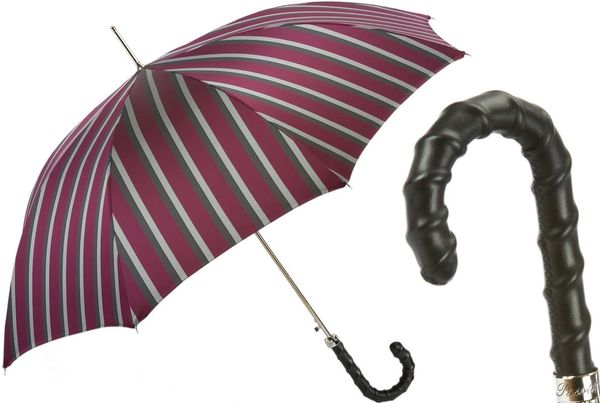 Luxury Italian Umbrella - Handmade In Italy - Classic Burgundy Stripes Leather Handle