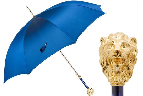 Luxury Italian Umbrella - Handmade In Italy - Blue - Gold Lion