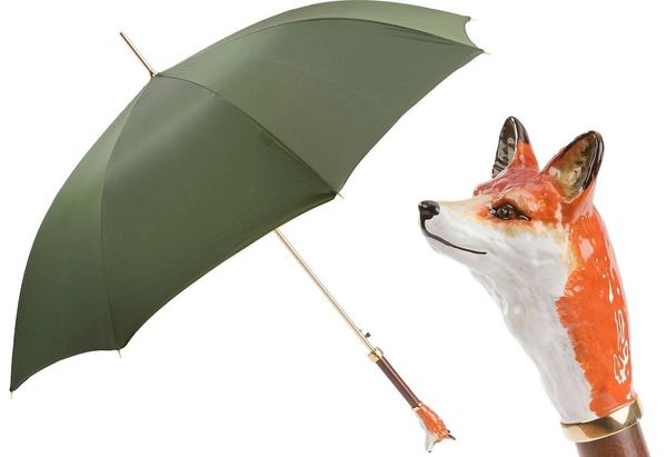 Pasotti Luxury Umbrella - Handmade In Italy - Enameled Brass Fox Handle - Sleeve and Ring