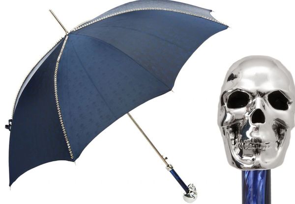 Pasotti Luxury Italian Umbrella - Handmade In Italy - Navy - Studs And Silver Skull Handle