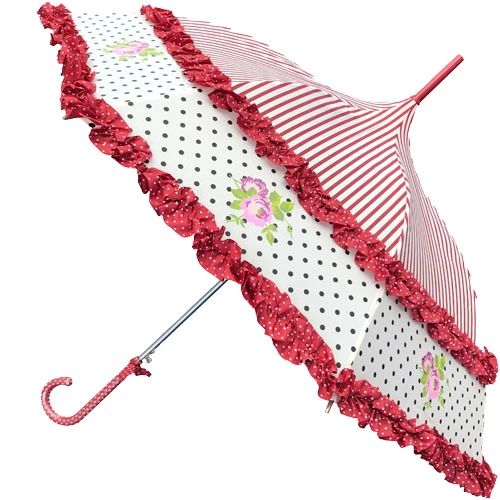 French Rose Design Umbrella - Burgundy Double Frill - Stripes And Dots - Waterproof