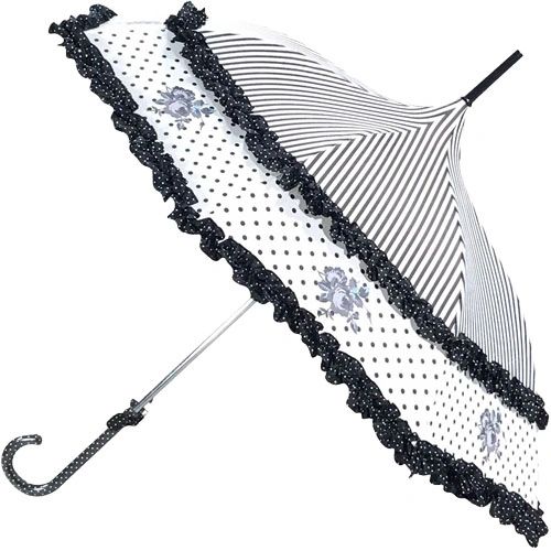 French Rose Design Umbrella - Grey Black And Lavender - Double Frill - Waterproof