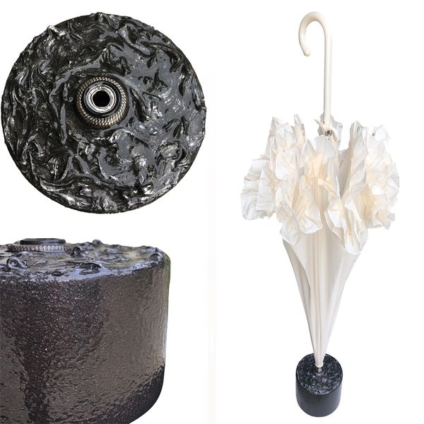 Cream Ruffle Umbrella + Handmade Black Waves Stand - Cement And Epoxy
