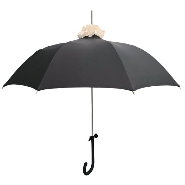 Chantilly In Black with cream color ruffly pompom- European Dome Shaped Umbrella - Waterproof