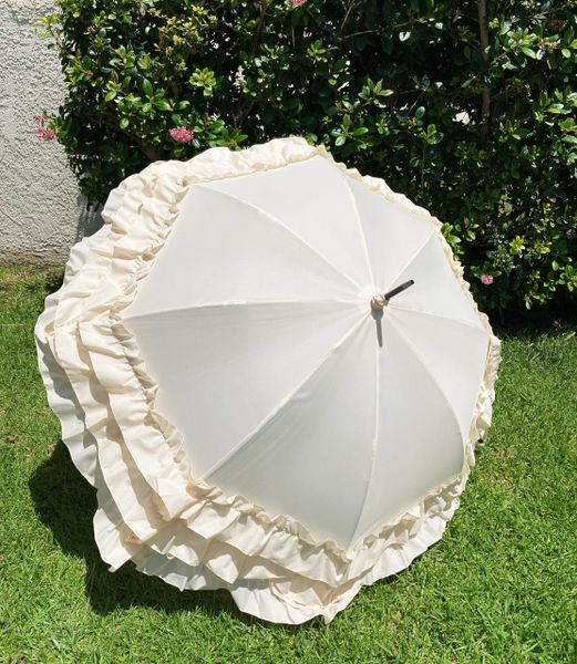 Large 3 Row Frill Cream Umbrella - Faux Leather Tassel Handle - Automatic Opening