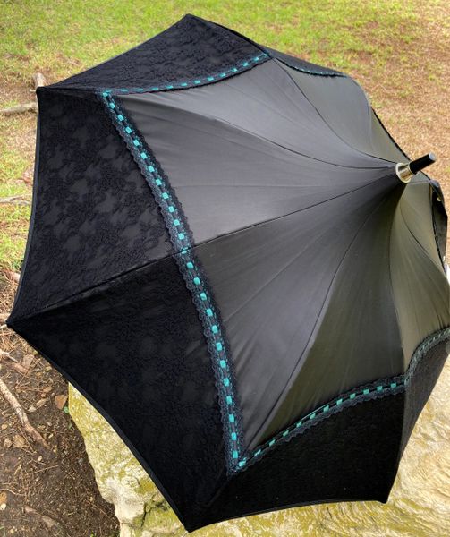 New! Chantal Thomas Promenade Parasol size- black and emerald - Handmade in France - Waterproof and anti-UV Treated Fabric