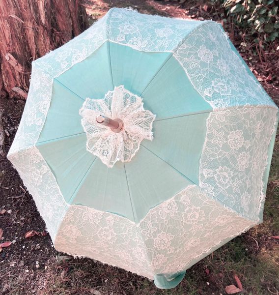 Sissi Mint by Guy de Jean - Retro Umbrella Handmade in France - Authentic Calais Lace - Anti-UV and waterproof - Manual open