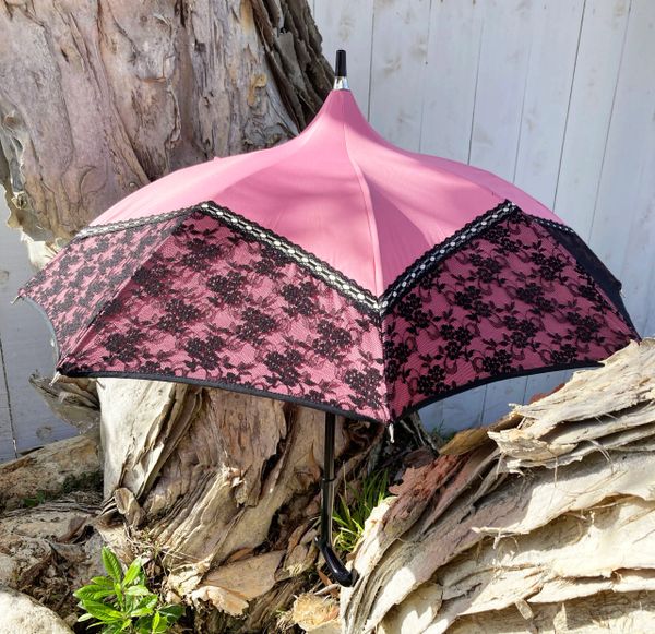 New! Pink Promenade by Chantal Thomass - Short size umbrella and Parasol - Handmade in France - Waterproof and SPF50+ - Black Lace