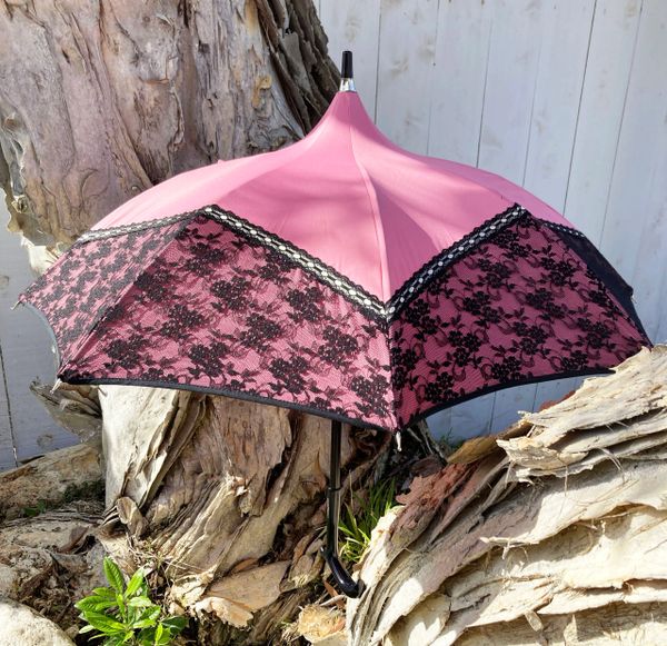 New! Pink Promenade by Chantal Thomass - Short size umbrella and Parasol -  Handmade in France - Waterproof and SPF50+ - Black Lace