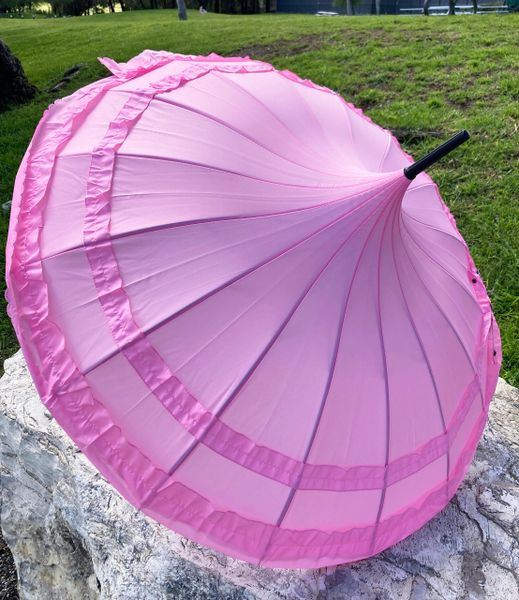 Soft Pink Frilly Umbrella - 16 Ribs Pagoda Shape - Fashion Handle and Tassel
