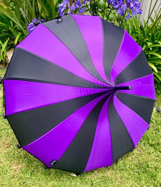 Purple Black Pagoda Umbrella - Ribbon bows and lace trim - 16 ribs - Everyday Shade or rain - Halloween Accessory