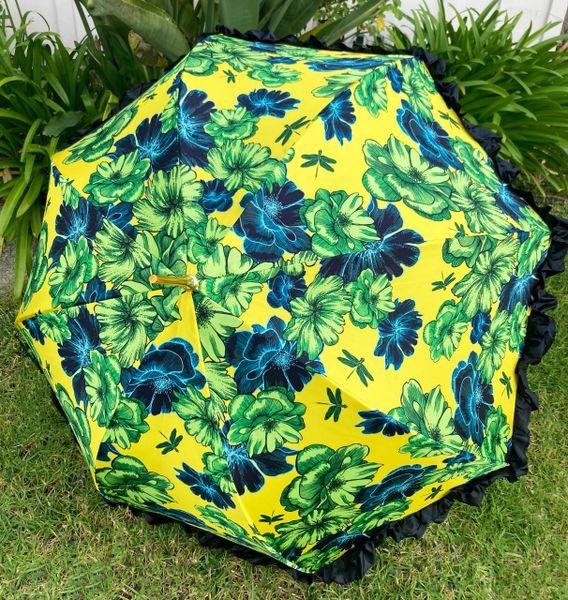 Floral and butterflies Pattern umbrella by il Marquesato - Made in Italy - Satin-like ruffles - Black Leather handle - One-year warranty