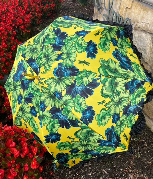 Floral and butterflies Pattern umbrella by il Marquesato - Made in Italy - Satin-like ruffles - Black Leather handle - One-year warranty