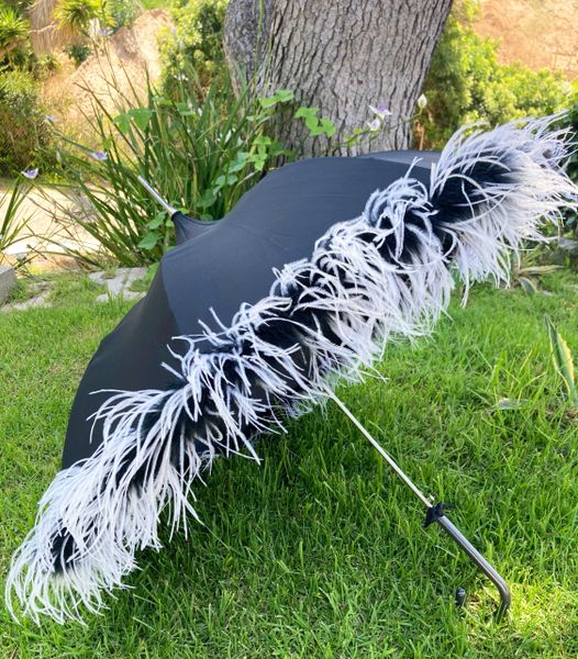 Rare Shaggy Parasol with Sewn on Marabou and Ostrich Trim | Handmade Invisible Stitches