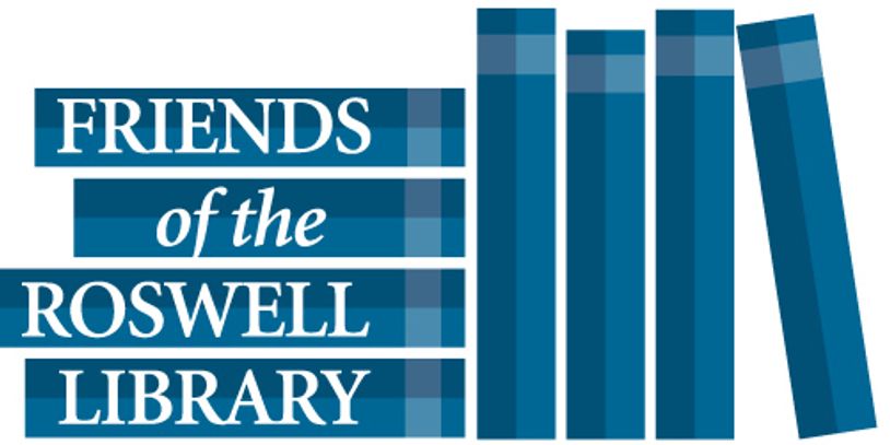 Logo featuring books and the text 'Friends of the Roswell Library'.