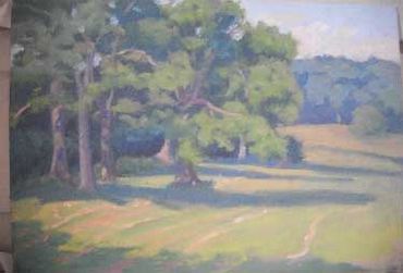Plein air oil painting of summer trees.  SOLD