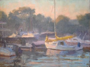 oil painting of Gloucester sailboat at Rocky neck, MA. Plein air. Sold