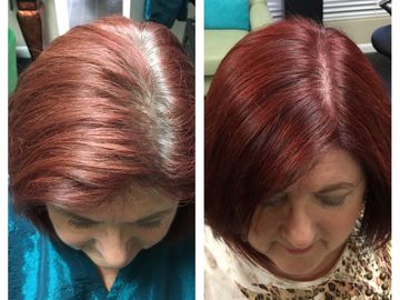 Red Root Touchup and a hair color Glaze or Gloss to refresh lost or faded color tone in hair
