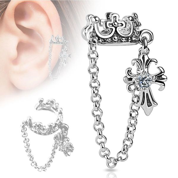 Crown Ear Cuff with Chain & CZ Set Cross Dangle