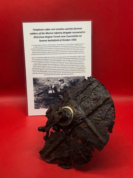 German telephone cable reel remains well cleaned relic used by soldiers of the Marine Infantry Brigade recovered in 2016 from ,Regina Trench near the village of Courcelette on the Somme battlefield of October 1916