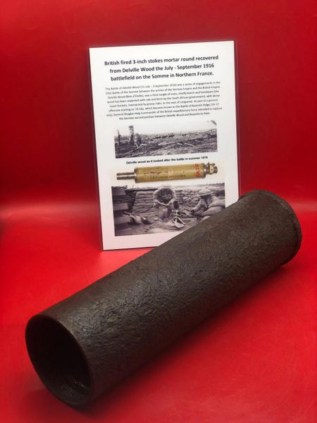 Fired during the battle a British 3 inch stokes mortar round lovely clean relic some original paintwork recovered many years ago in Delville Wood the July - September 1916 battlefield on the Somme.