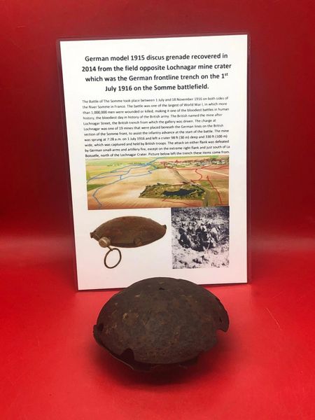 German model 1915 Discus Grenade remains rusty but nice solid relic recovered in 2014 from field opposite Lochnagar mine crater at La Boisselle on the 1st July 1916 Somme battlefield