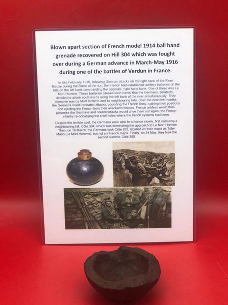 Very rare blown apart half of a French model 1914 ball hand grenade solid relic condition recovered from on Hill 304 the March - May 1916 battle in Verdun