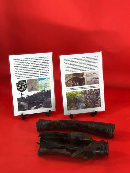 Pair of blown German 3.7cm flak steel shell cases+maker markings dated 1944 recovered from German ammunition storage bunker used by 11th SS Panzergrenadier Division Nordland-the 1944 Narva Battle in Estonia, untouched until recovered in 2022+dig pictures