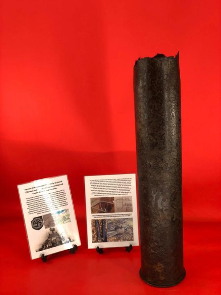 German 10.5cm steel shell case,maker marked dated 1944 fired by SK/32 naval anti-aircraft gun,recovered in German ammo storage bunker used by 11th SS Panzer Division Nordland-the 1944 Narva Battle in Estonia, untouched until recovered in 2022+dig pictures