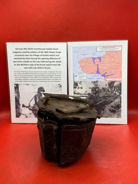 SOLD German MG42 machine gun drum ammunition basket nice solid relic well cleaned but rusty used by soliders of 46th Panzer Corps as it was recovered near the Village of Gnilets operation citadel on 5th July 1943 during the attack on the Kursk salient