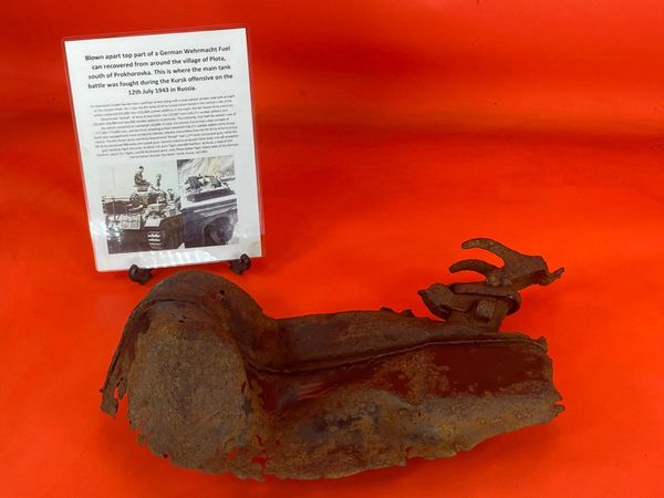 Blown top part of a German Fuel can the famous Jerry can with original black paintwork recovered from village of Plota near Prokhorovka on the battlefield at Kursk 1943 in Russia