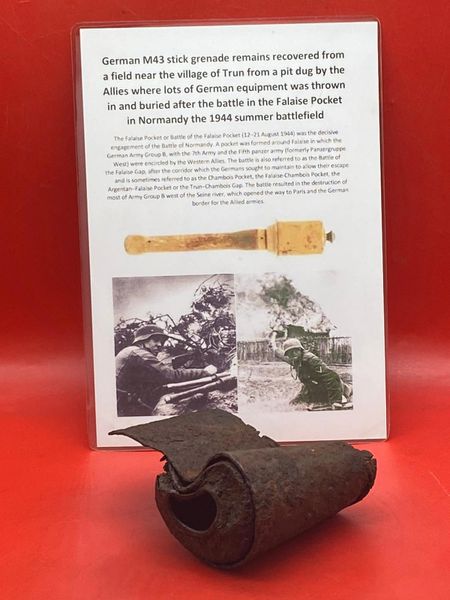 German M43 stick grenade with fragmentation sleeve blown case recovered from a field near Trun a pit dug by the allies where lots of German equipment buried after the battle in the Falaise Pocket, Normandy in France 1944