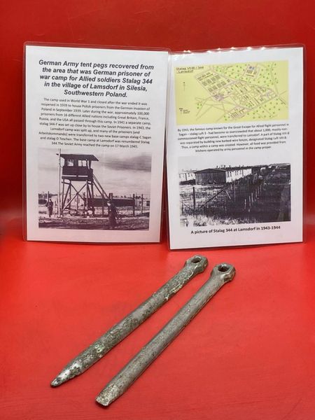 German Army zeltbahn tent pegs maker marked both are dated 1939 recovered from the area that was German prisoner of war camp for Allied soldiers Stalag 344 in the village of Lamsdorf in Silesia, Southwestern Poland.