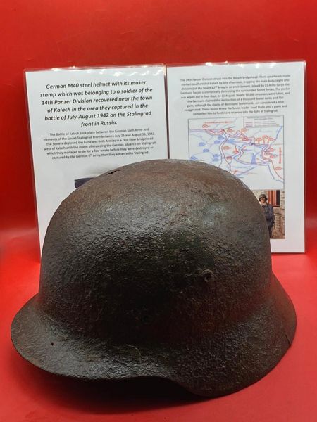 Fantastic rare with ink maker stamp German M40 steel helmet with green paintwork,belonging to a soldier of the 14th Panzer Division recovered near the town of Kalach in the area they captured in the battle of July-August 1942 on the Stalingrad front