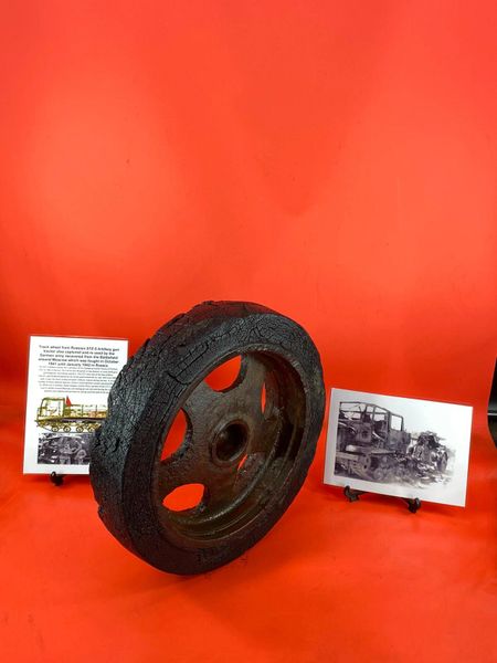 Track wheel near complete solid relic Russian STZ-5 artillery gun tractor recovered from the Battlefield around Moscow fought October 1941 until January 1942 in Russia.