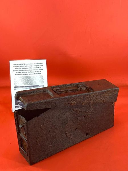 German world war 1 type of MG34/42 ammunition tin solid relic condition recovered from a field near Trun a pit dug by the allies where lots of German equipment buried after the battle in the Falaise Pocket, Normandy in France 1944