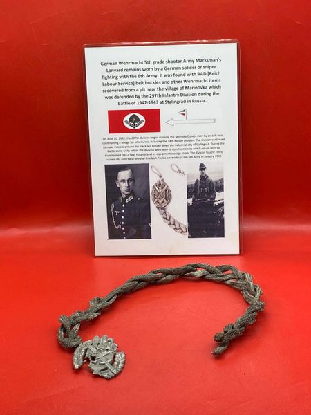 Very rare German Wehrmacht 5th grade shooter Lanyard for Army Marksman’s nice clean relic recovered in the area of the village of Marinovka which was defended by the 297th Infantry Division during the battle of 1942-1943 at Stalingrad in Russia.