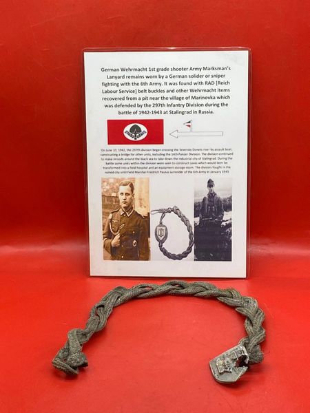 Very rare German Wehrmacht 1st grade shooter Lanyard for Army Marksman’s nice clean relic recovered in the area of the village of Marinovka which was defended by the 297th Infantry Division during the battle of 1942-1943 at Stalingrad in Russia.