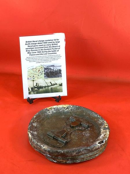 British Naval large charge container lid for No 36 charge dated 1940 used by large Naval guns on many British Warships recovered from the Beach at Bray Dunnes in the Dunkirk Pocket of May-June 1940 during the battle of France and the Low Countries