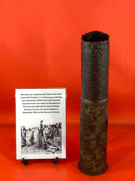 Rare late war made German 77mm steel shell case with projectile fired by Feldkanone 96 recovered in 2014 from pit of buried equipment near in the village of Gueudecourt defended by the 2nd Royal Bavarian Division during battle of the Somme 1916