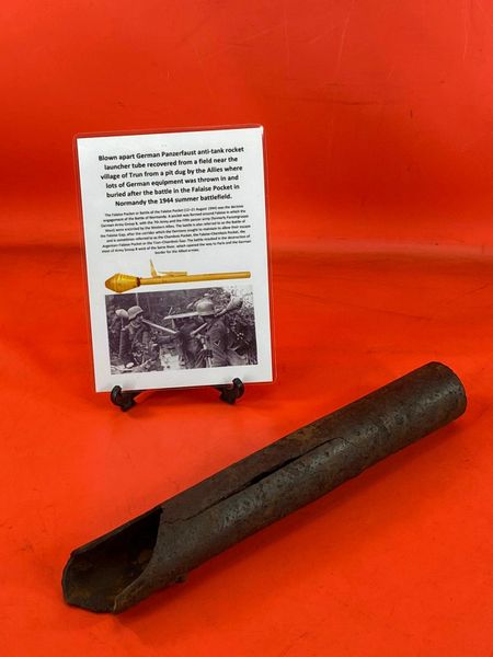 Blown apart German panzerfaust anti-tank rocket launcher tube nice solid relic well cleaned with paintwork recovered from a field near Trun from a pit where lots of German equipment buried after the battle in the Falaise Pocket, Normandy in France 1944
