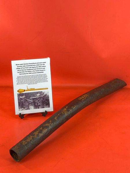 Blown apart near complete German panzerfaust anti-tank rocket launcher tube nice solid relic with sand colour paintwork recovered from a field near Trun from a pit where lots of German equipment buried after the battle in the Falaise Pocket, Normandy 1944