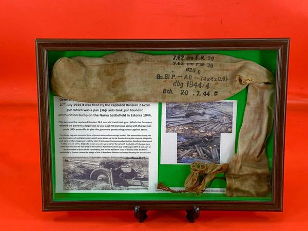 SOLD Glass framed display a German powder charge bag dated 1944 for 7.62cm PAK[36]r anti-tank gun recovered in German ammo storage bunker used by 11th SS Panzer Division Nordland-the 1944 Narva Battle in Estonia,